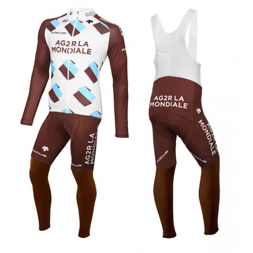 2015 Maillot Ag2r Tirantes Mangas Largas Blanco Y marrone